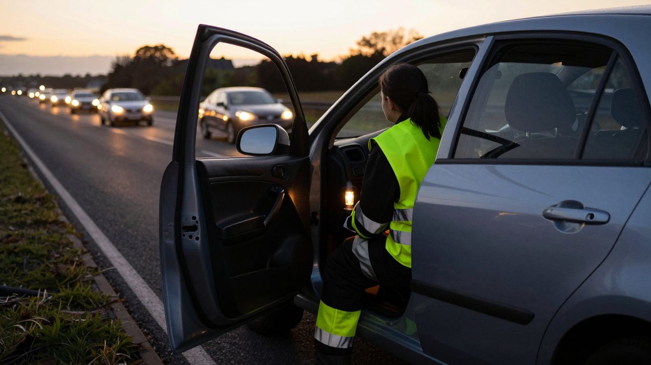 Pessoa com colete refletor sentada na porta aberta de uma viatura à beira de estrada ao entardecer.