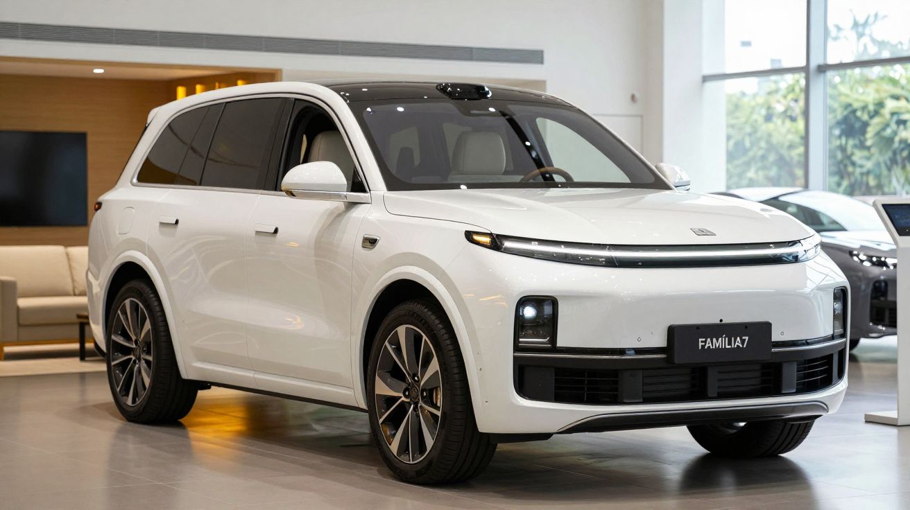 Carro SUV eléctrico branco, modelo Família 7, em exposição numa sala moderna e iluminada.