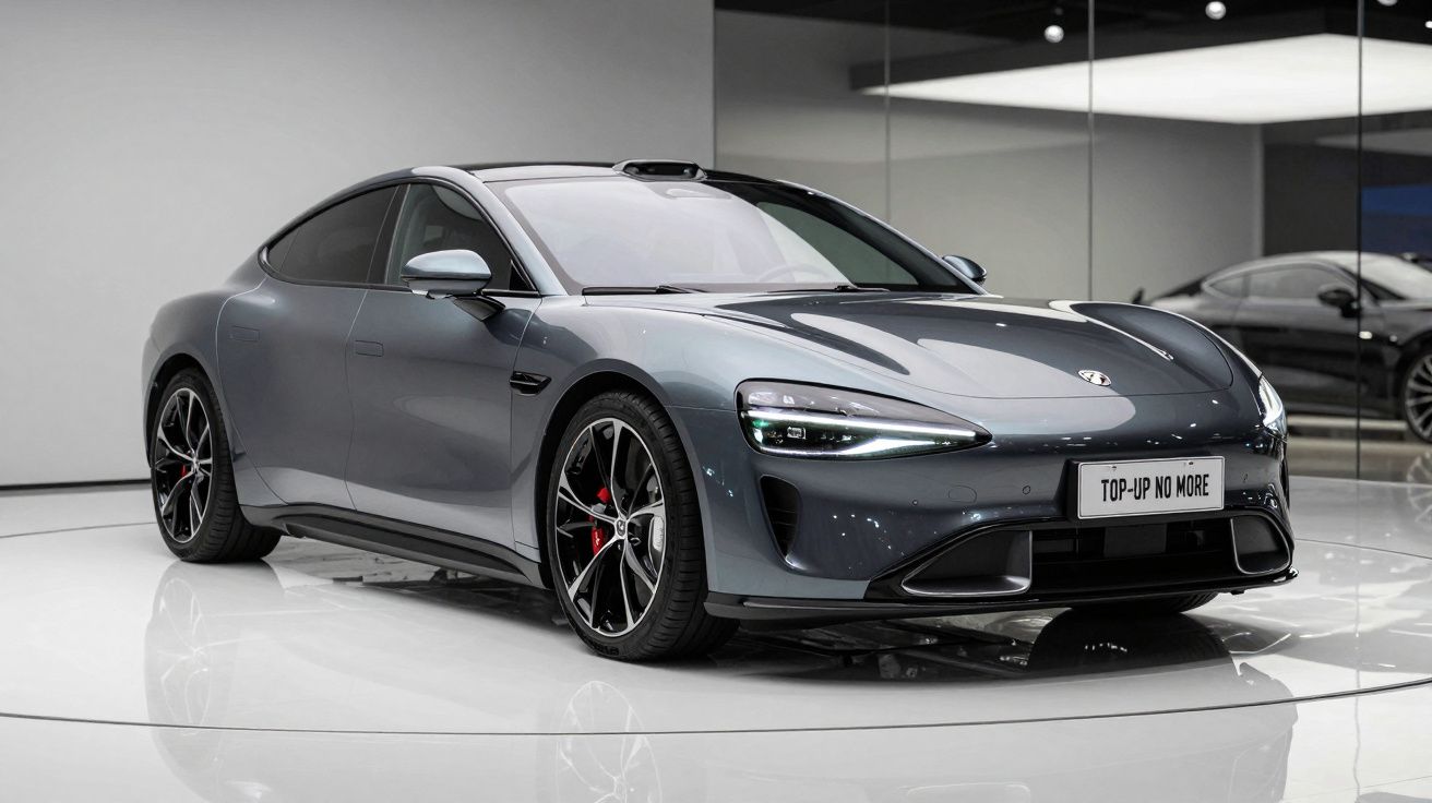 Carro desportivo elétrico cinzento numa sala moderna com jantes pretas e detalhes vermelhos.