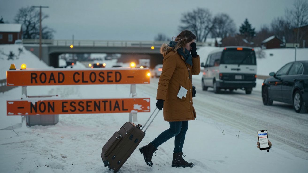 Mulher com casaco castanho puxa mala na neve junto a sinais de estrada fechada para tráfego não essencial.