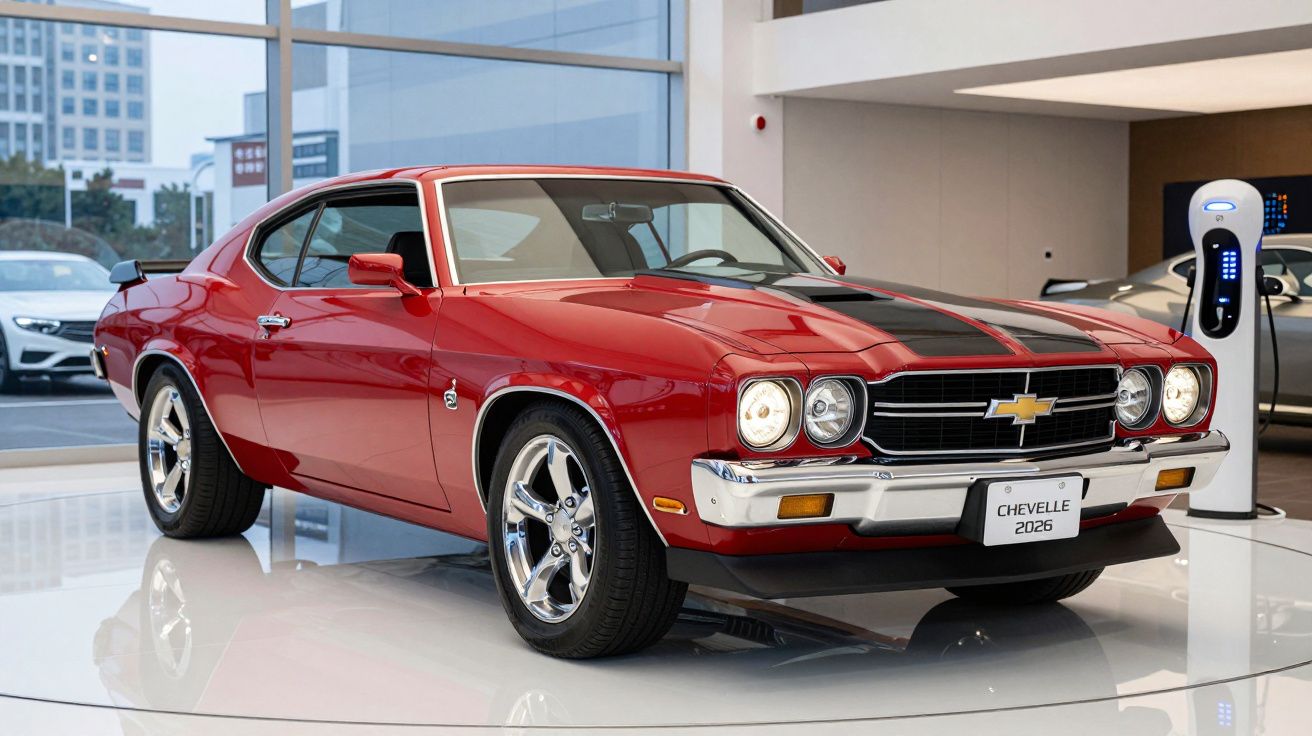 Carro clássico Chevrolet Chevelle vermelho com faixas negras apresentado numa exposição interior.
