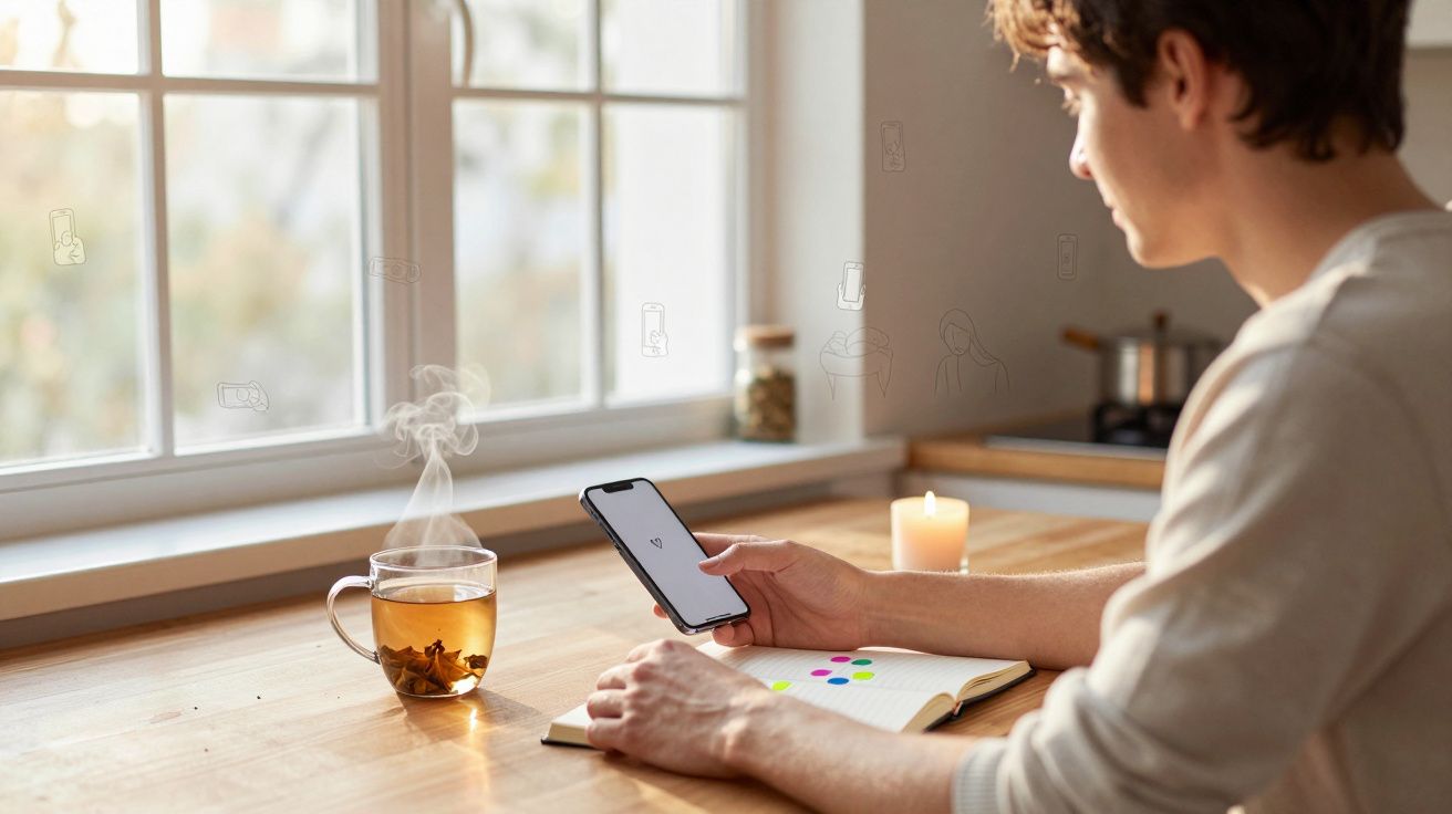 Pessoa sentada junto a uma janela, a usar telemóvel com chá quente e caderno à frente numa mesa de madeira.