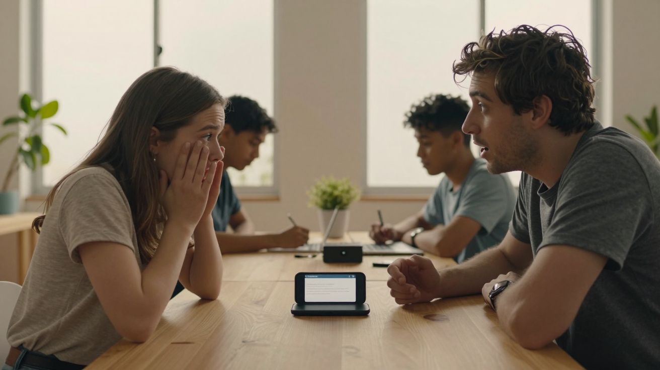 Duas pessoas conversam intensamente à mesa com duas outras ao fundo a escrever em cadernos.