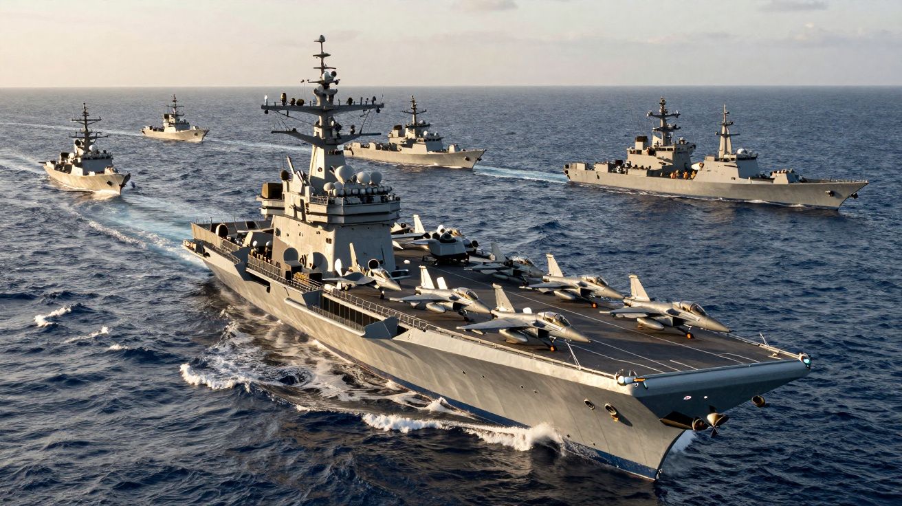 Porta-aviões e navios de guerra a navegar no mar em formação durante o dia.