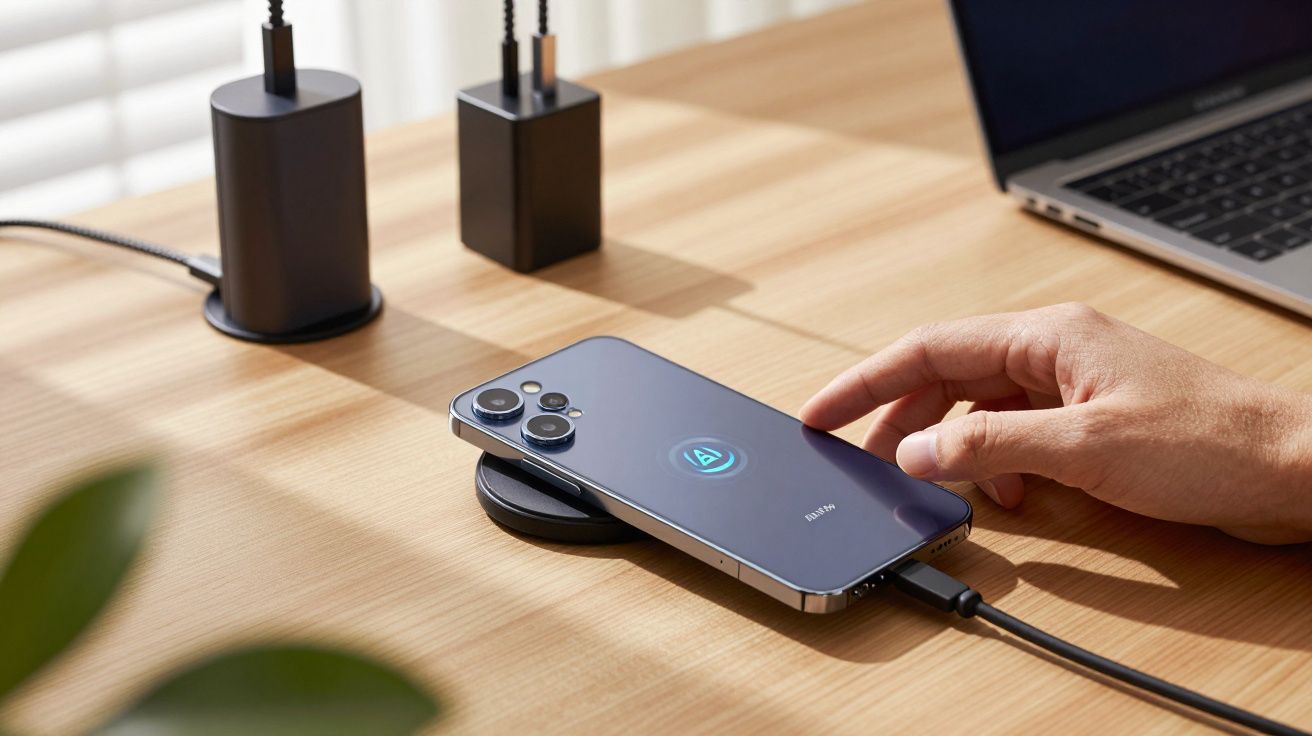 Telemóvel a carregar sem fios numa base preta sobre mesa de madeira com mão perto e portátil ao fundo.