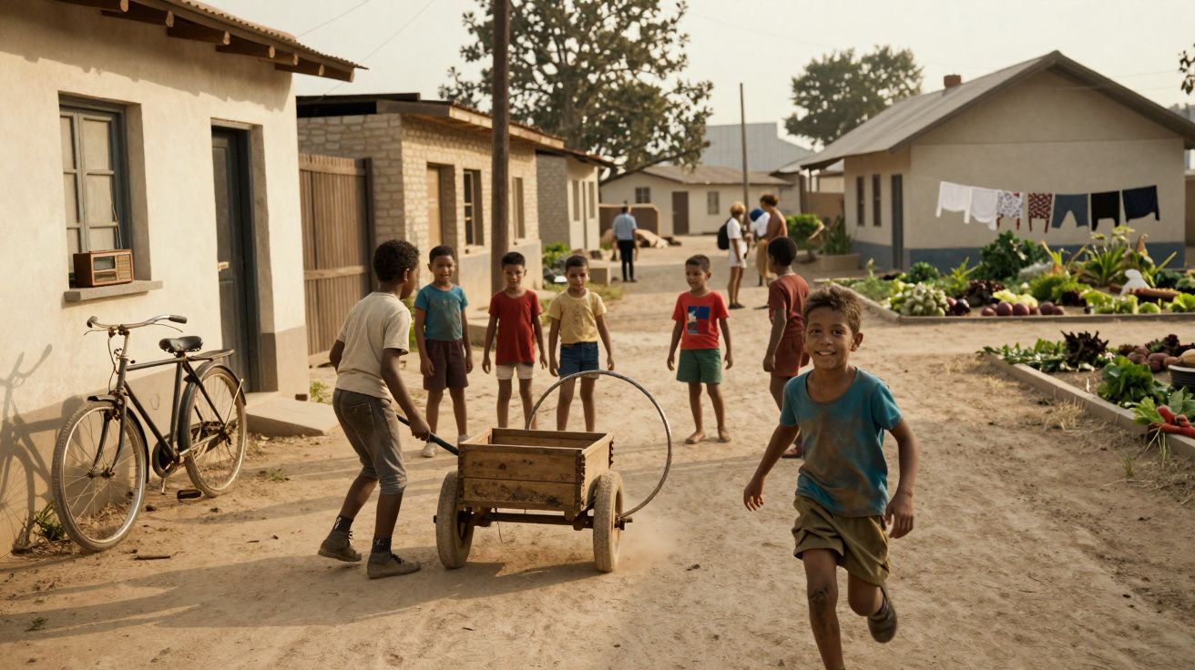Crianças a brincar numa vila rural com casas, bicicletas e hortas sob luz dourada do sol.