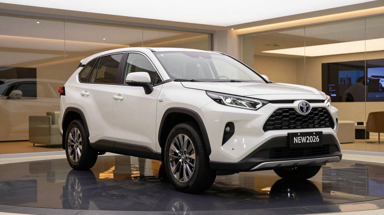 SUV Toyota novo modelo 2026 branco, exibido em showroom moderno com chão refletor.