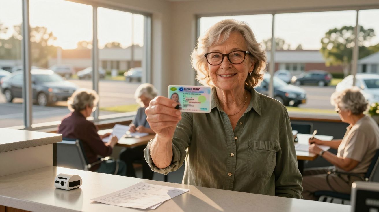 Mulher idosa sorridente de óculos mostra cartão de licença de condução num ambiente luminoso e moderno.