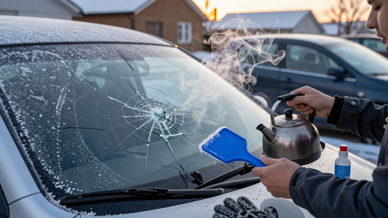 Pessoa a usar um bule com água quente para descongelar um para-brisas com gelo e vidro partido.