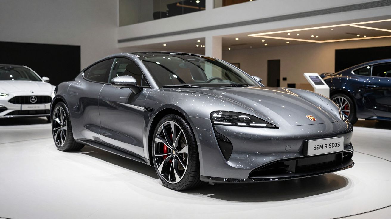 Carro desportivo prateado estacionado em exposição com outras viaturas ao fundo.