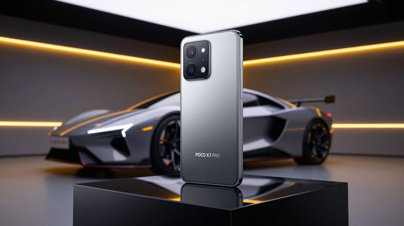 Smartphone Poco X7 Pro cinzento em pedestal preto com carro desportivo de fundo em ambiente moderno iluminado.