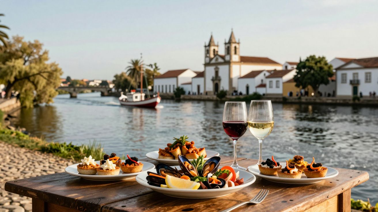 Mesa rústica com pratos de marisco e sobremesas ao lado do rio, com igreja e barco ao fundo.