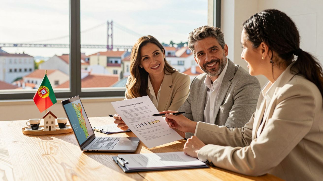 Três pessoas em reunião de trabalho, com documentos e computador, vista da cidade com ponte ao fundo.