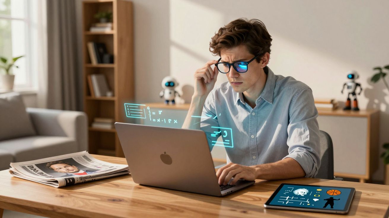 Homem jovem a usar computador portátil com hologramas digitais numa secretária em casa.