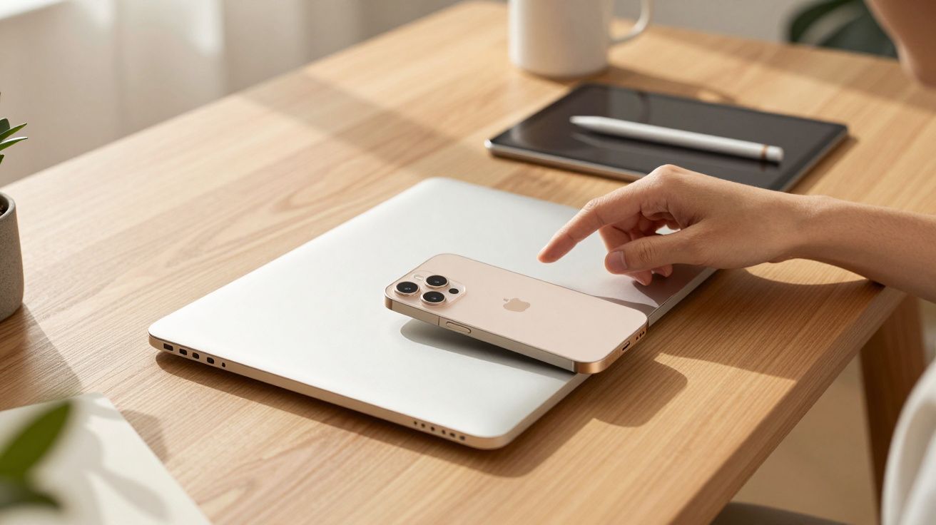 Mão prestes a tocar num iPhone pousado sobre um computador portátil fechado numa mesa de madeira.