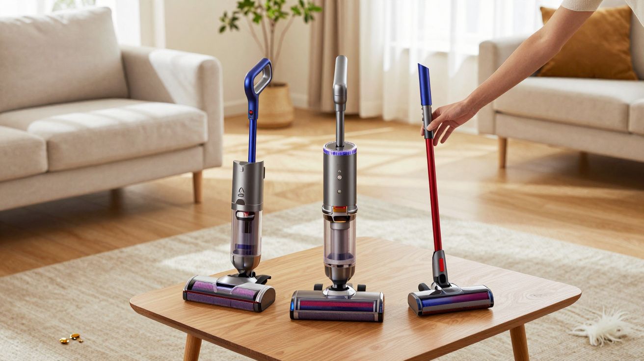 Três aspiradores verticais sem fios em cima de uma mesa de madeira numa sala de estar luminosa.
