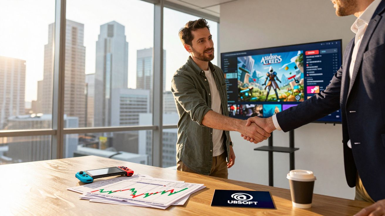 Duas pessoas a cumprimentar-se numa sala de escritório com gráficos, consola portátil e ecrã de videojogo ao fundo.