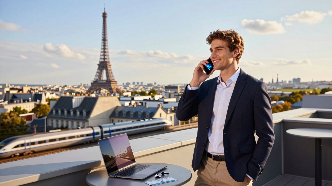 Homem de negócios fala ao telemóvel numa varanda com vista para a Torre Eiffel em Paris.