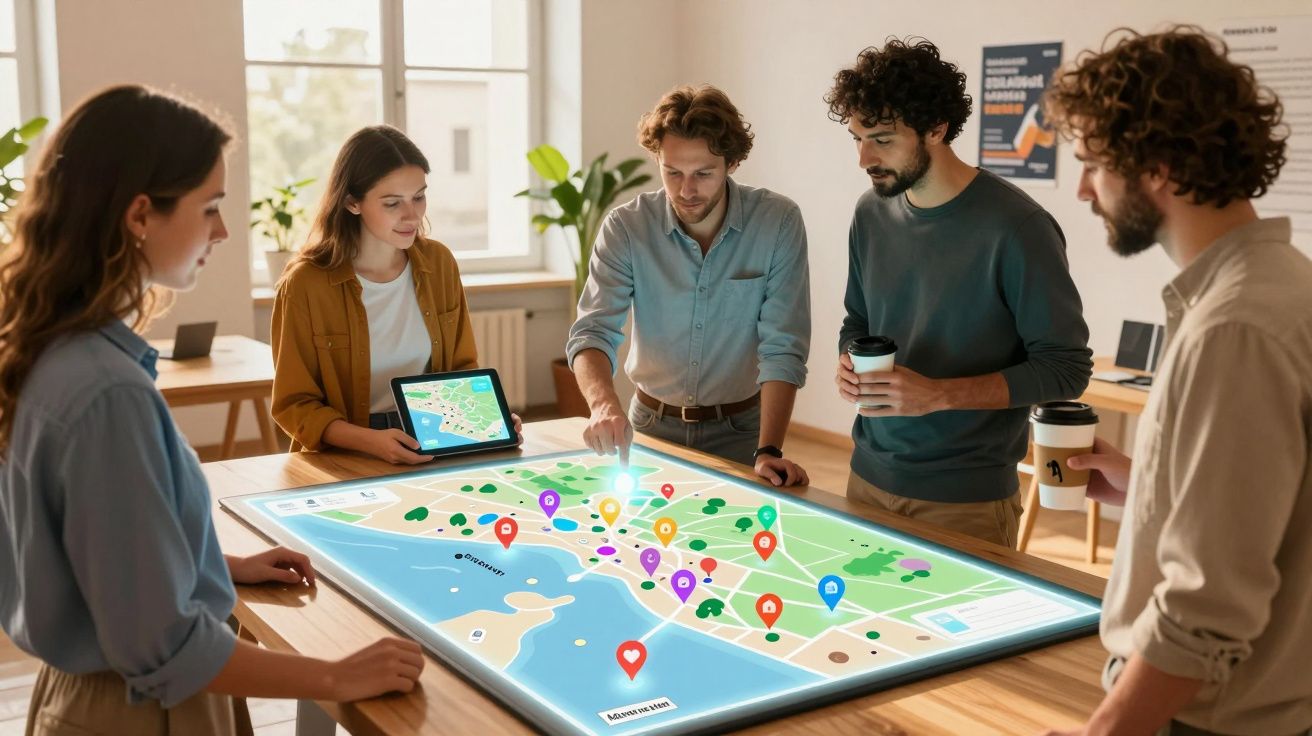 Grupo de cinco pessoas a analisar mapa digital interativo numa mesa, em ambiente de escritório moderno.