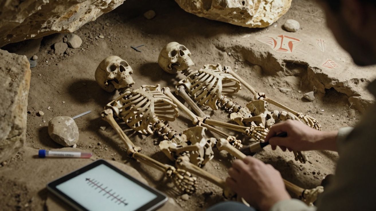 Dois esqueletos humanos descobertos numa escavação arqueológica com investigador a examinar.