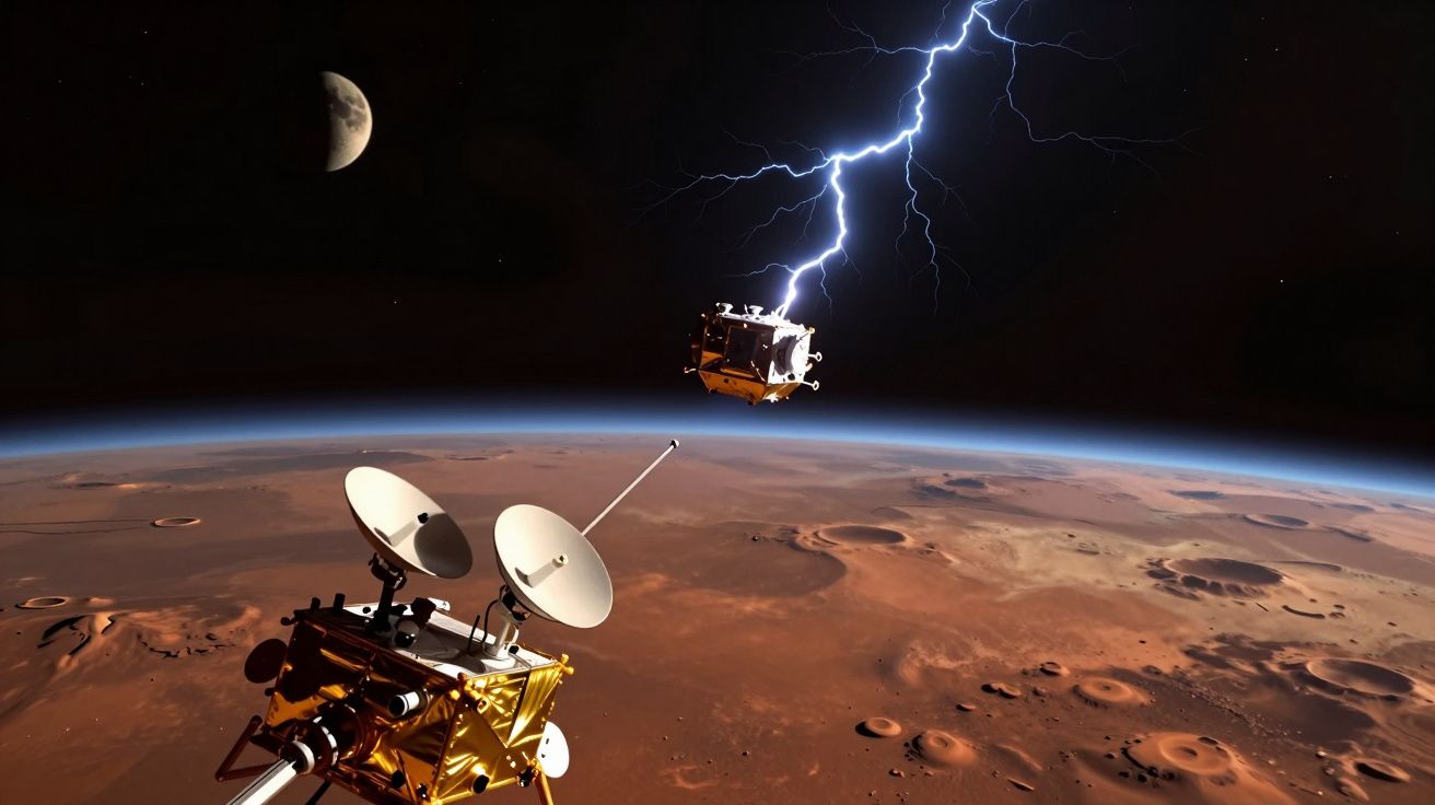 Sonda espacial na órbita de Marte capturada por um relâmpago elétrico com a Lua ao fundo.
