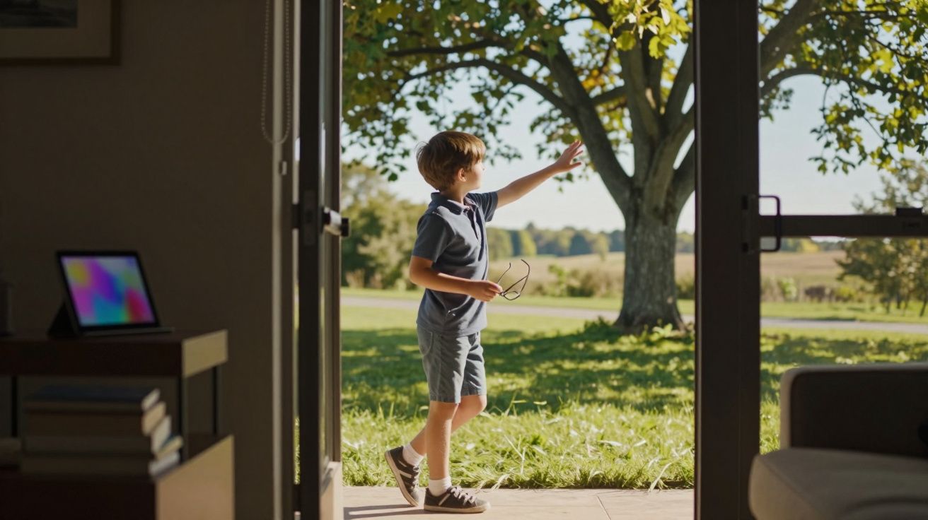 Menino de calções e camisa com óculos na mão a apontar para uma árvore ao ar livre, visto a partir do interior.
