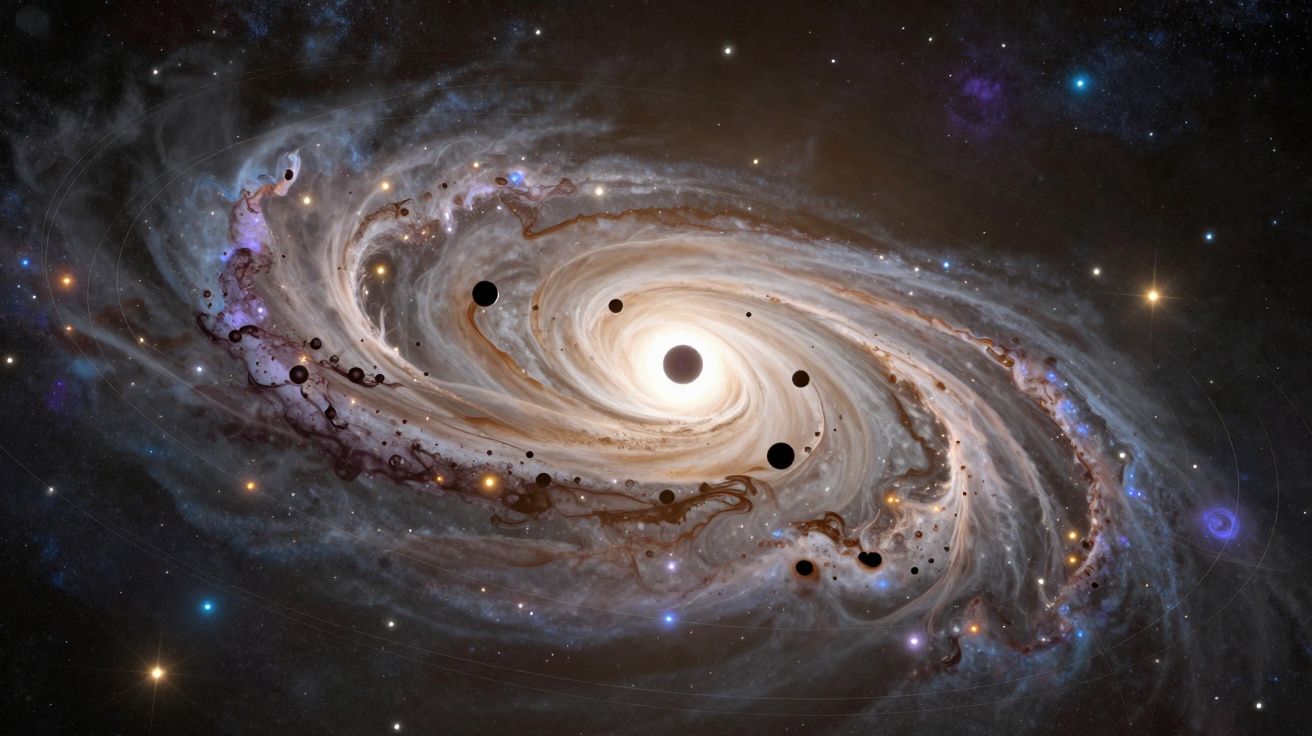 Galáxia espiral com núcleo luminoso e múltiplos planetas e estrelas em fundo estelar escuro.