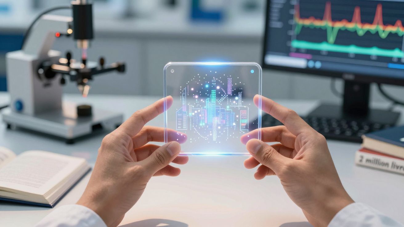 Mãos seguram dispositivo transparente com holograma de cidade futurista, microscópio e ecrã com gráficos ao fundo.