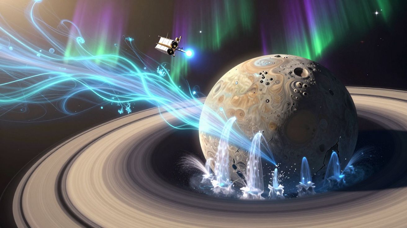 Sonda espacial perto de uma lua com géiseres ativos e auroras ao fundo no espaço.