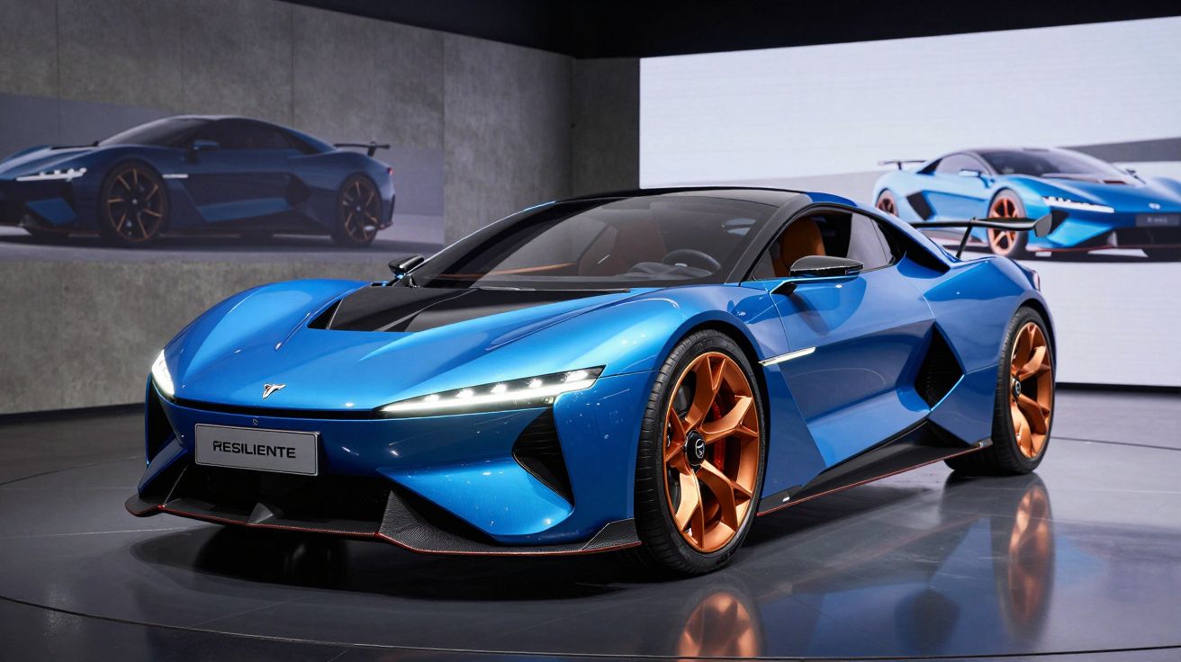 Carro desportivo azul metálico com jantes douradas exposto em salão com painéis iluminados.