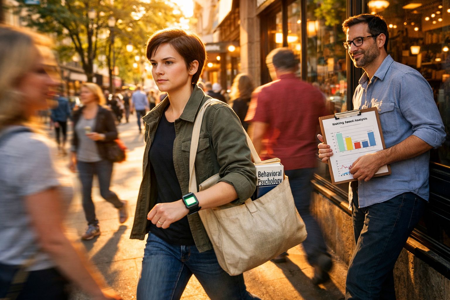Mulher com livro e smartwatch caminha na rua movimentada ao final da tarde, homem observa com gráfico na mão.