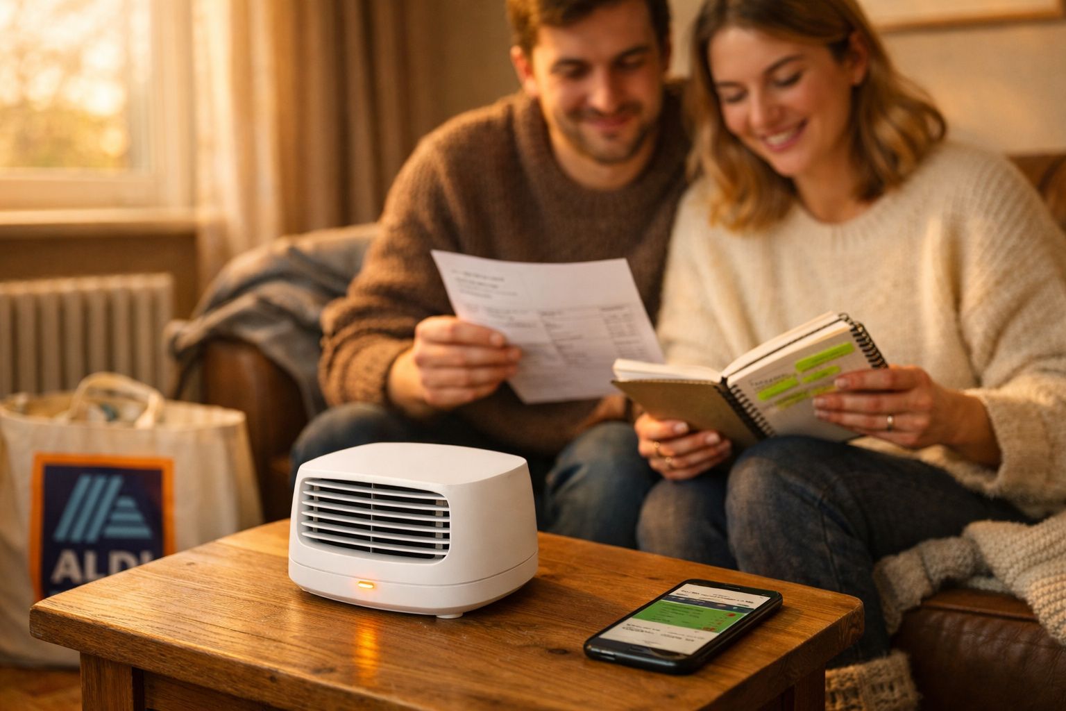 Casal sentado no sofá a analisar documentos, com ventilador portátil e telemóvel numa mesa de madeira.