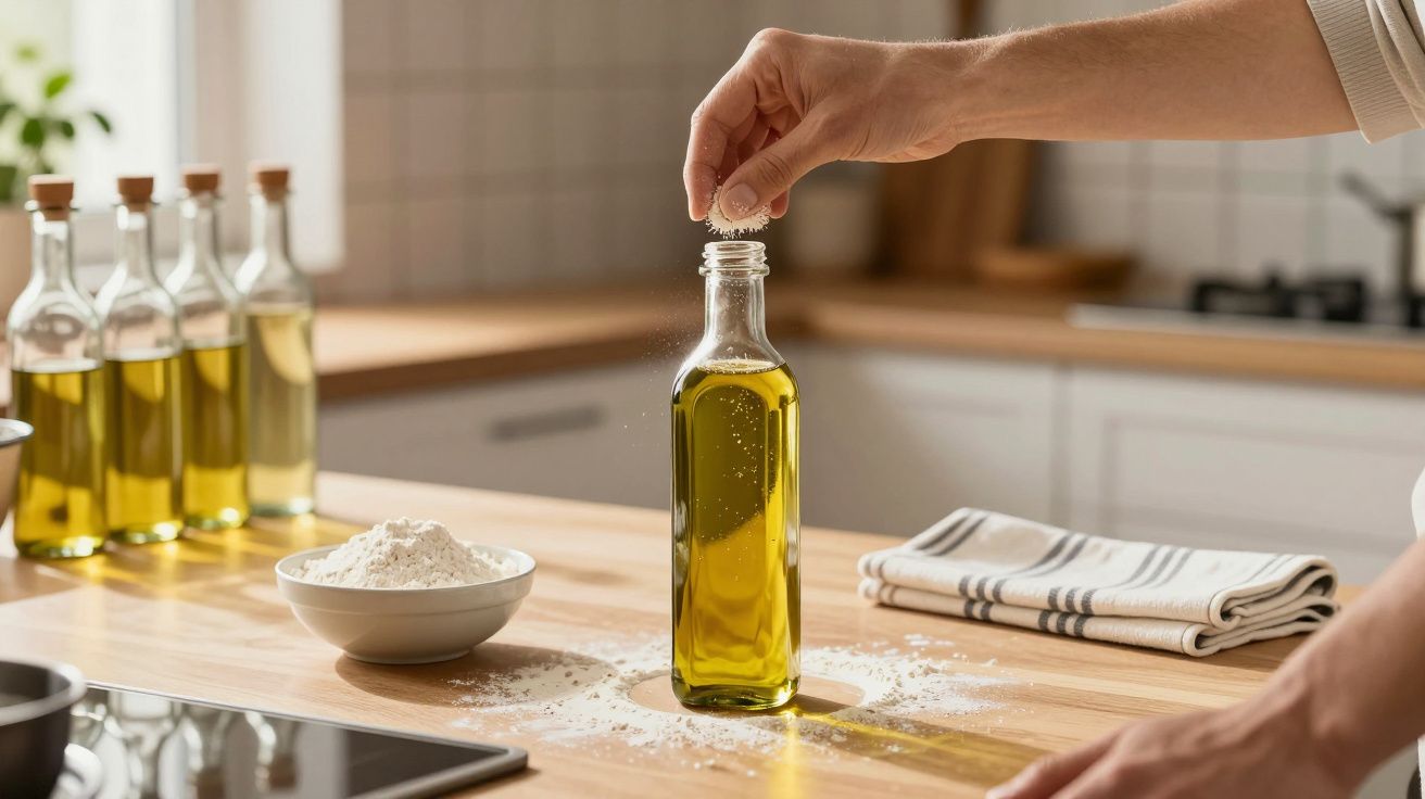 Mão a salpicar sal numa garrafa de azeite numa cozinha com tigela de farinha e panos ao fundo.
