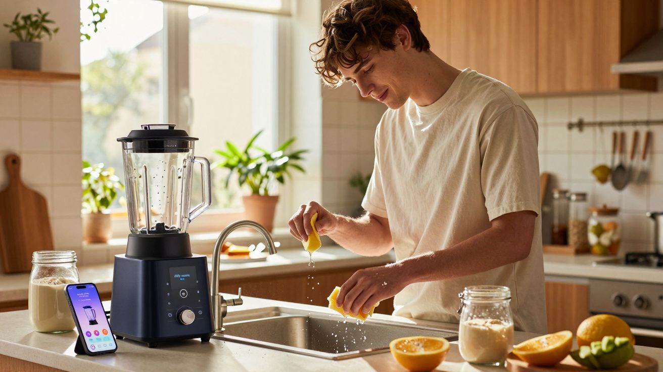 Homem espreme limão sobre pia de cozinha moderna com liquidificador e smartphone ao lado.