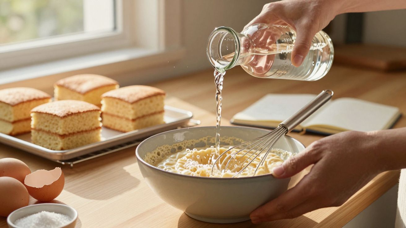 Mãos a verter água para uma tigela com mistura de ingredientes, perto de ovos e bolos numa cozinha iluminada.