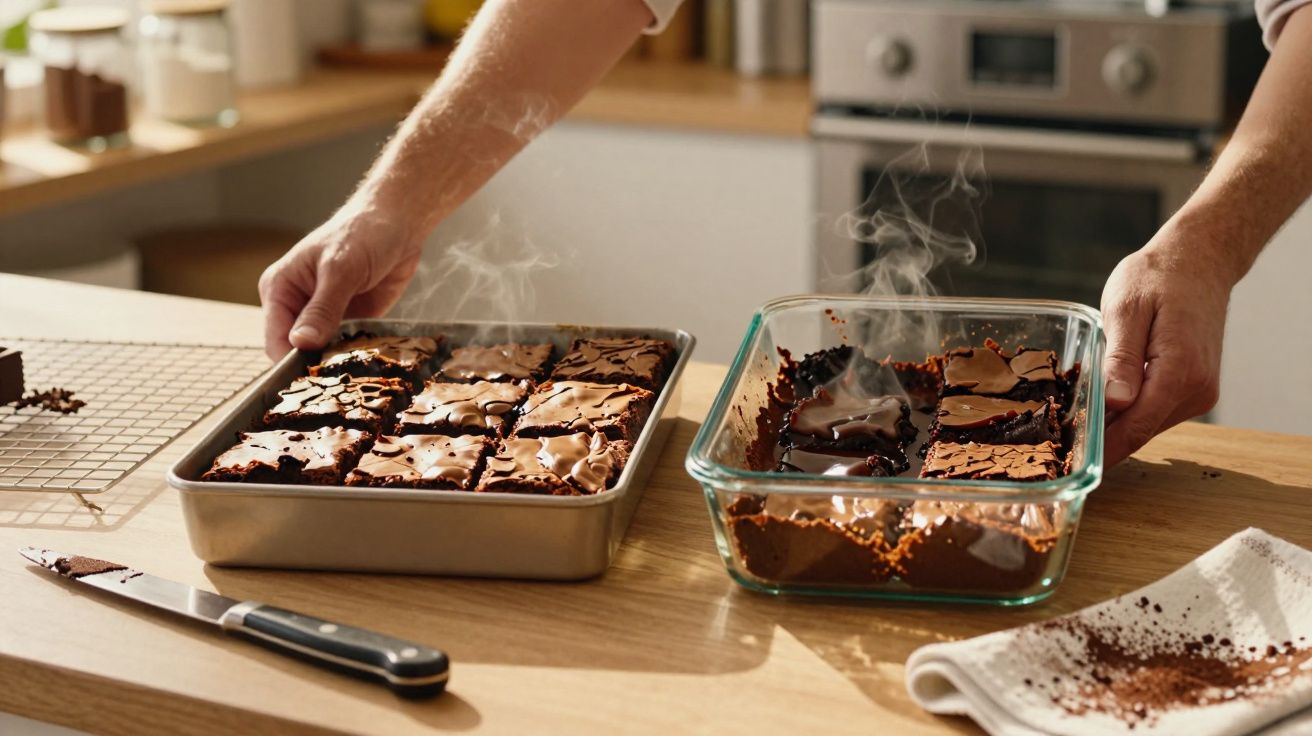 Pessoa a retirar formas com brownies quentes e fumegantes numa cozinha moderna.