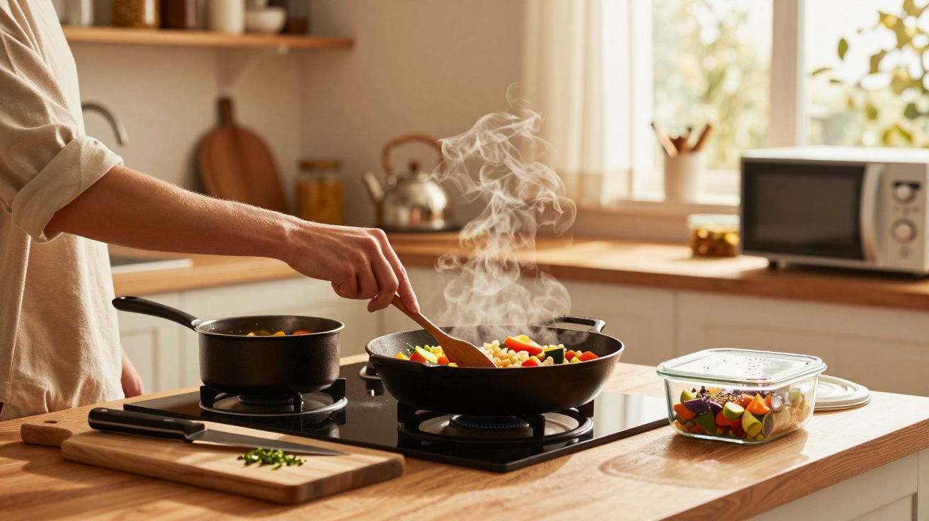 Pessoa a cozinhar legumes coloridos em tagine numa cozinha moderna e luminosa com luz natural.