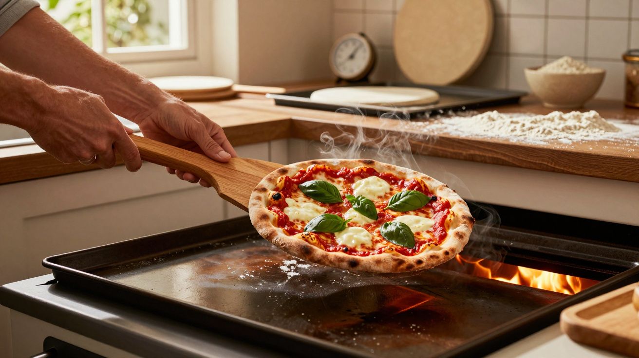 Mãos retiram pizza fresca de mozarela, tomate e manjericão do forno a lenha numa cozinha iluminada.