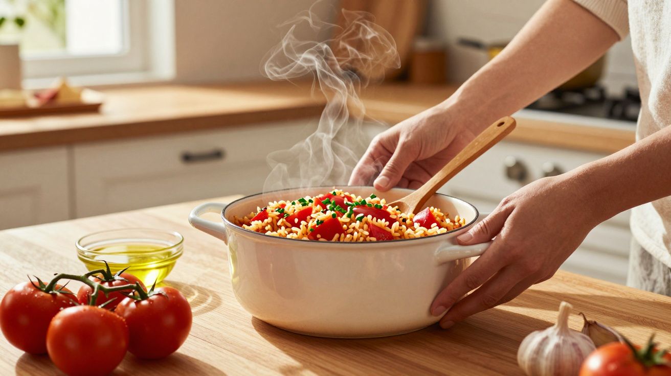 Mãos seguram panela branca com arroz quente, tomate e ervas numa cozinha com tomate, azeite e alho na bancada.