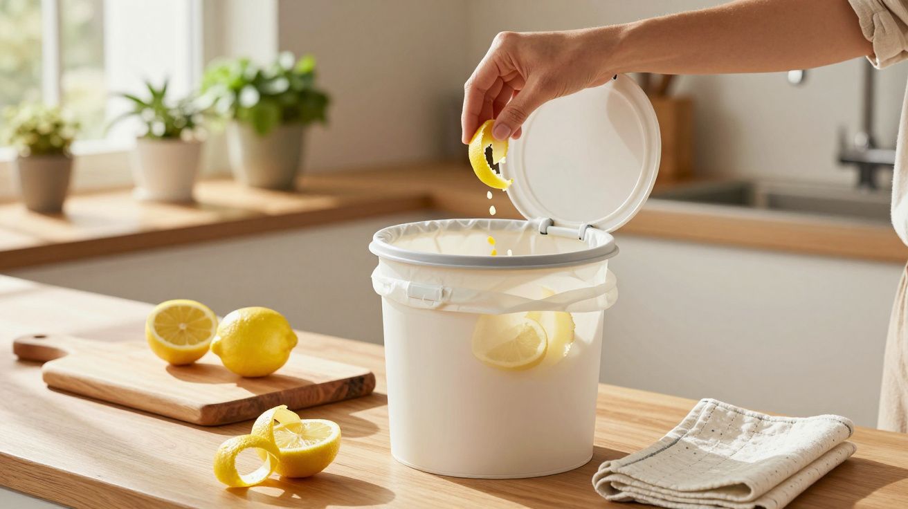 Pessoa a deitar casca de limão num balde pequeno numa cozinha luminosa e organizada