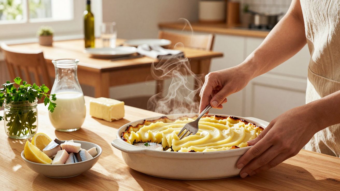 Pessoa a espetar com um garfo uma tarte de puré de batata fumegante numa cozinha iluminada.