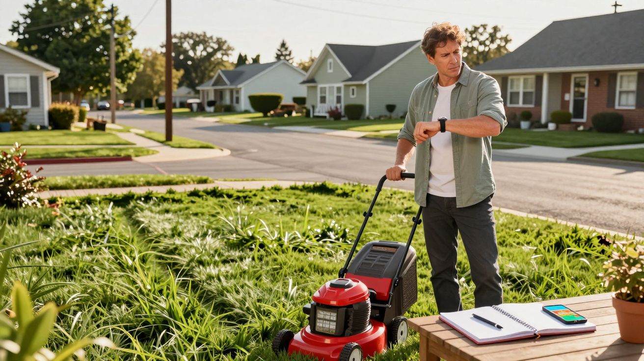 Homem a cortar a relva com corta-relvas vermelho numa área residencial, consultando o relógio.