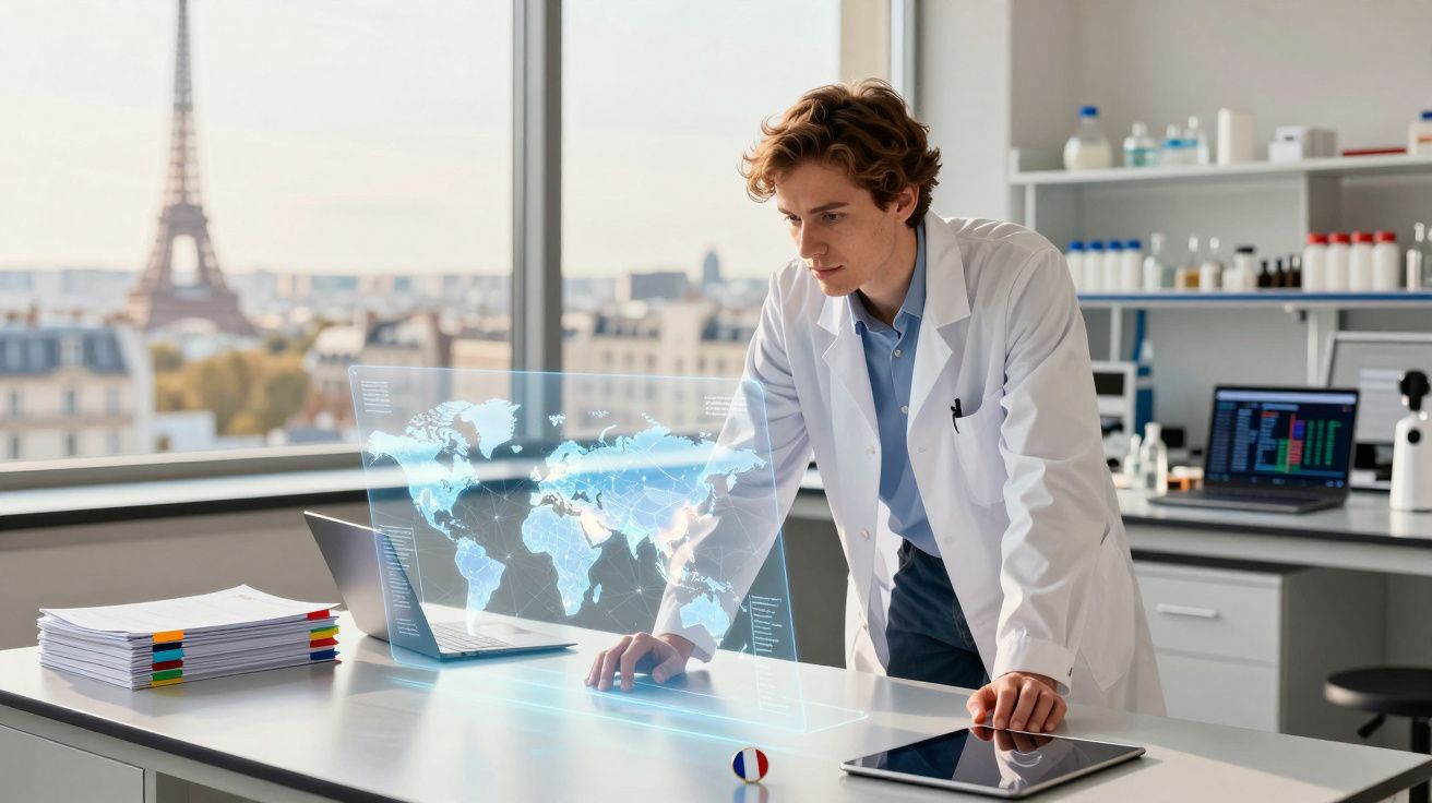 Cientista em laboratório com mapa holográfico, Torre Eiffel ao fundo, analisando dados digitais.
