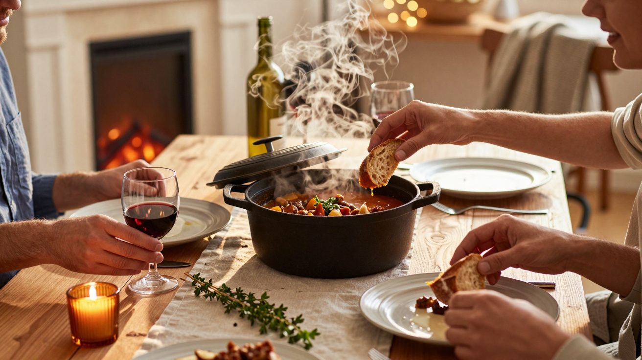 Mesa rústica com refeição quente, taças de vinho tinto e pessoas a comer pão junto a lareira acesa.