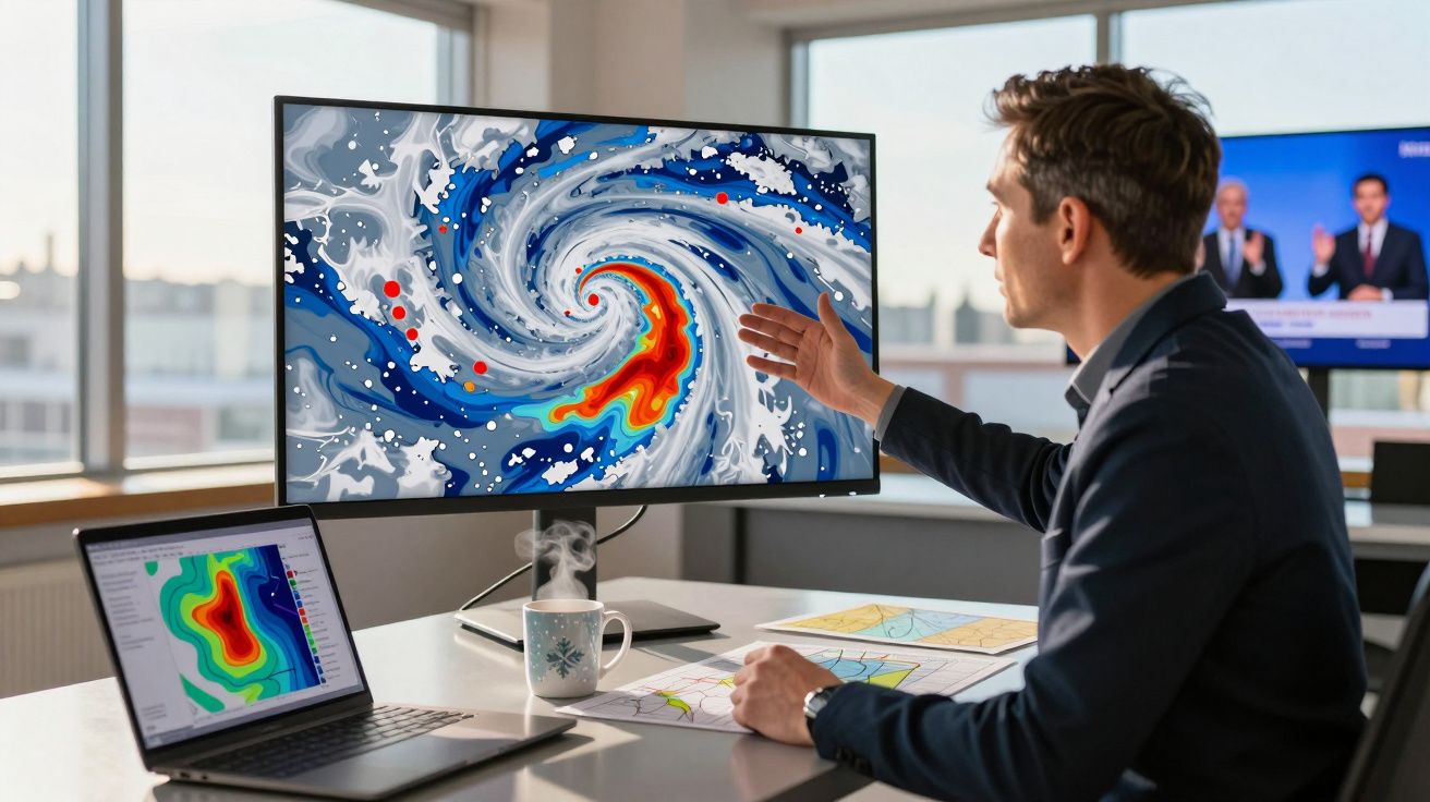 Homem analisa no escritório mapas meteorológicos de furacão em ecrãs de computador e documentos na mesa.