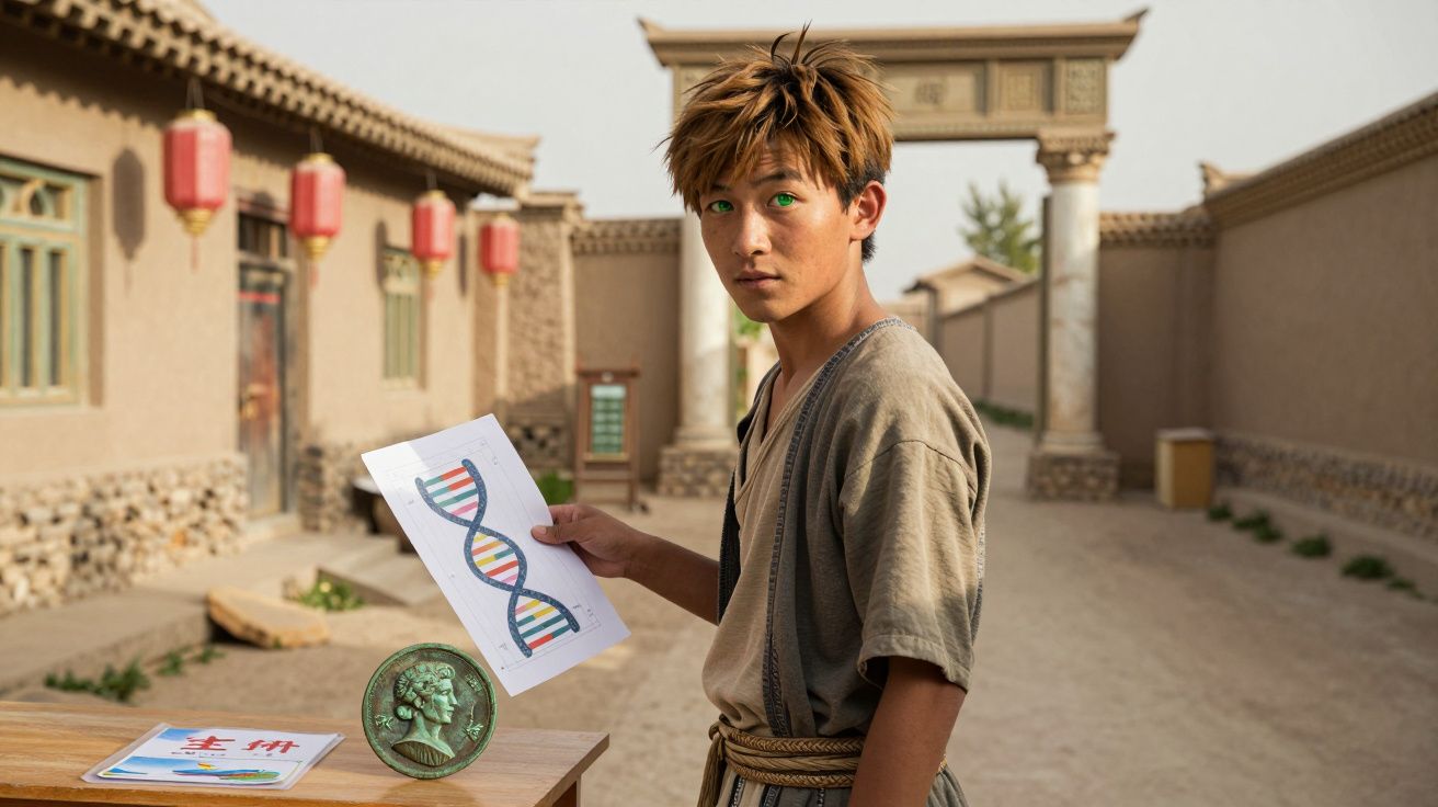 Jovem com olhos verdes segura papel com desenho de cadeia de ADN numa rua com arquitectura tradicional.