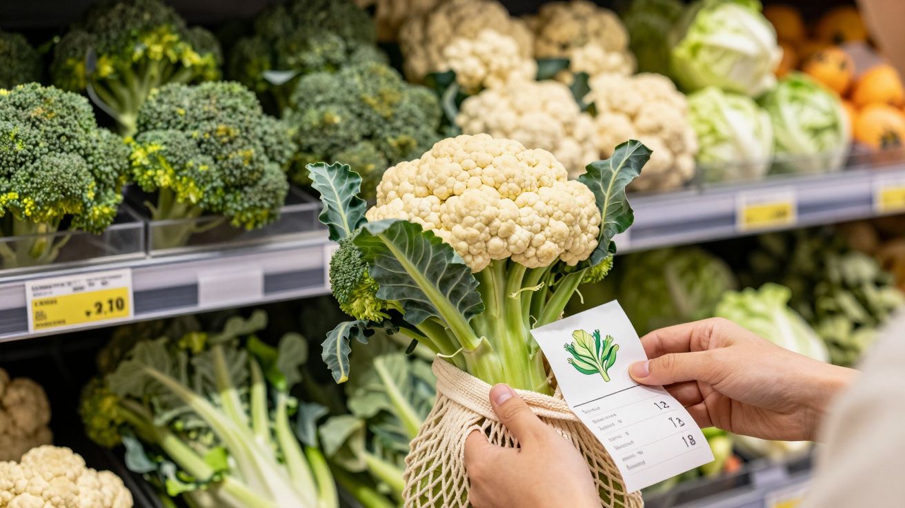 Pessoa verifica etiqueta de preço de couve-flor numa mercearia com vários legumes frescos.
