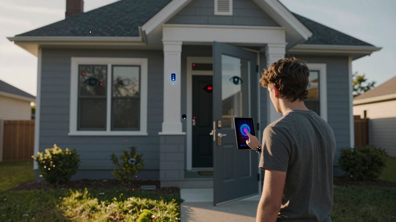 Jovem usa dispositivo digital para controlar a porta inteligente de uma casa moderna durante o dia.