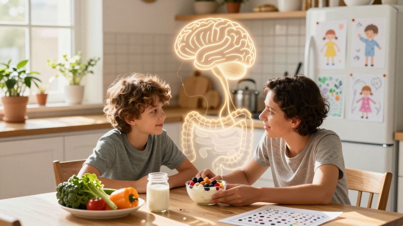 Criança e adulto a partilhar fruta saudável à mesa com ilustração do sistema digestivo visível.