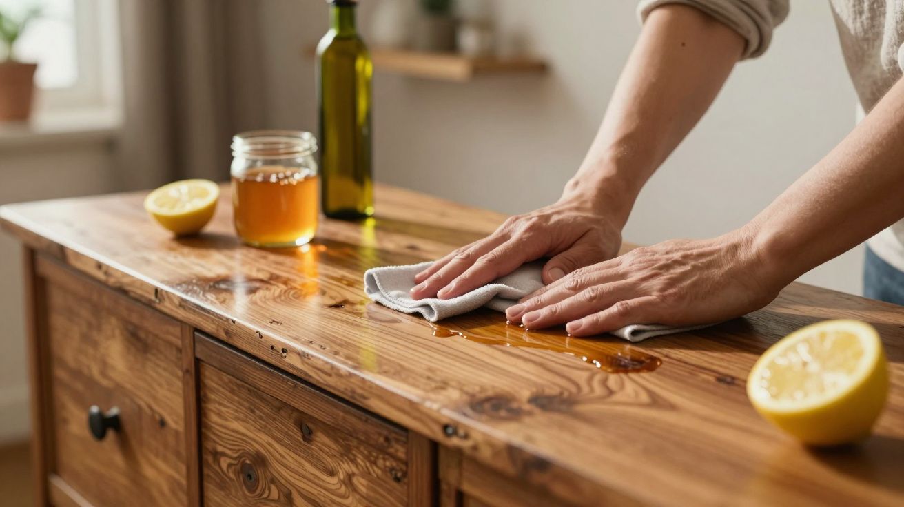 Mãos a limpar um móvel de madeira com um pano, com limões, azeite e mel em cima.